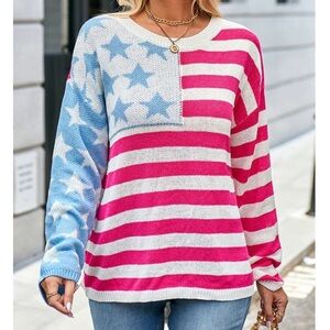 Chicwish Red and Light Blue Striped Star Knit Sweater